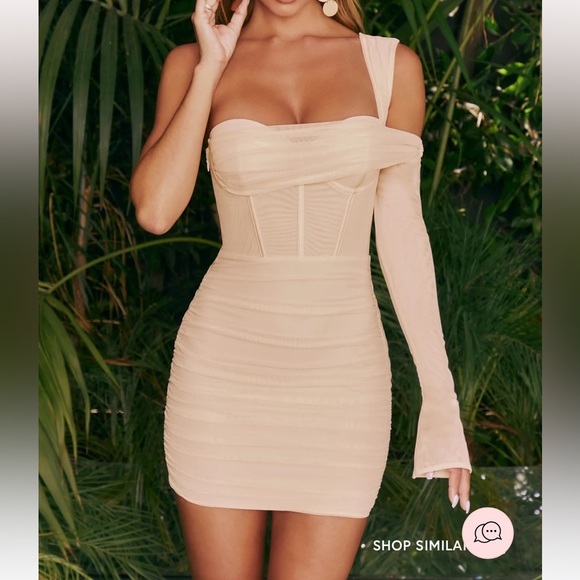 Oh Polly Dresses & Skirts - Oh Polly Mesh Asymmetric Off Shoulder Mini Dress in Cream